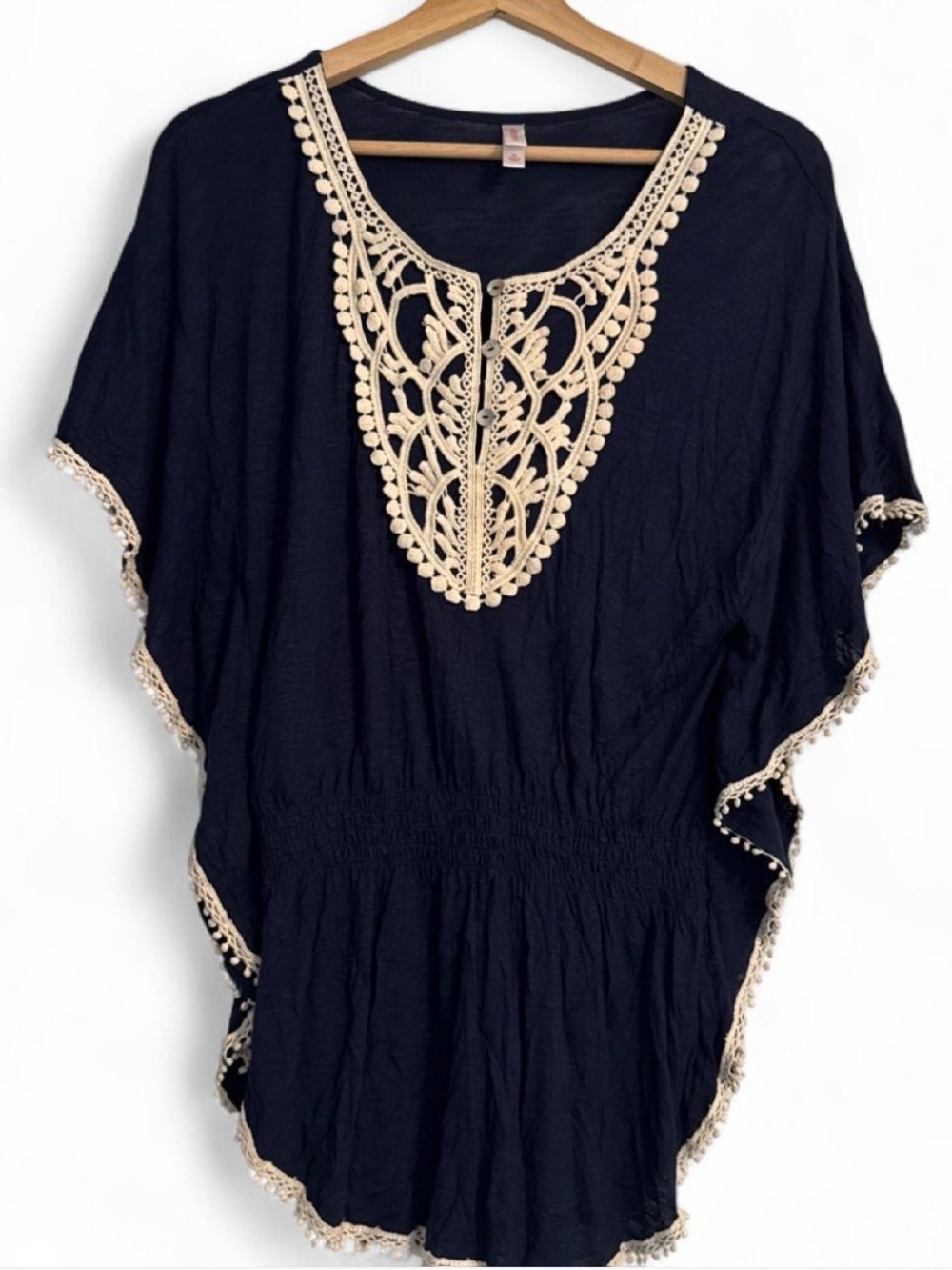 Women's Navy Tunic Top Cover up with Cream Crochet Trim size M